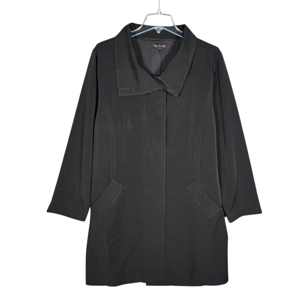 Eileen Fisher Trench Coat Womens XL Black Funnel Neck Stretch Pockets Minimalist